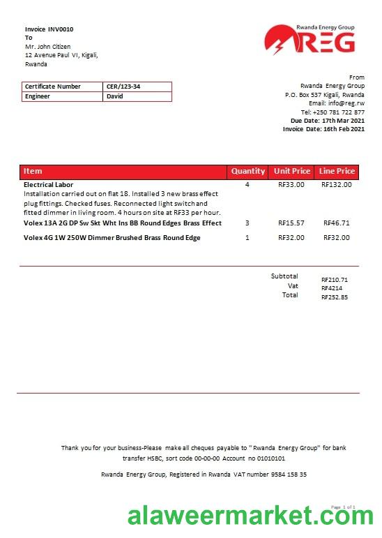 Rwanda Energy Group electricity utility bill template in Word and PDF format